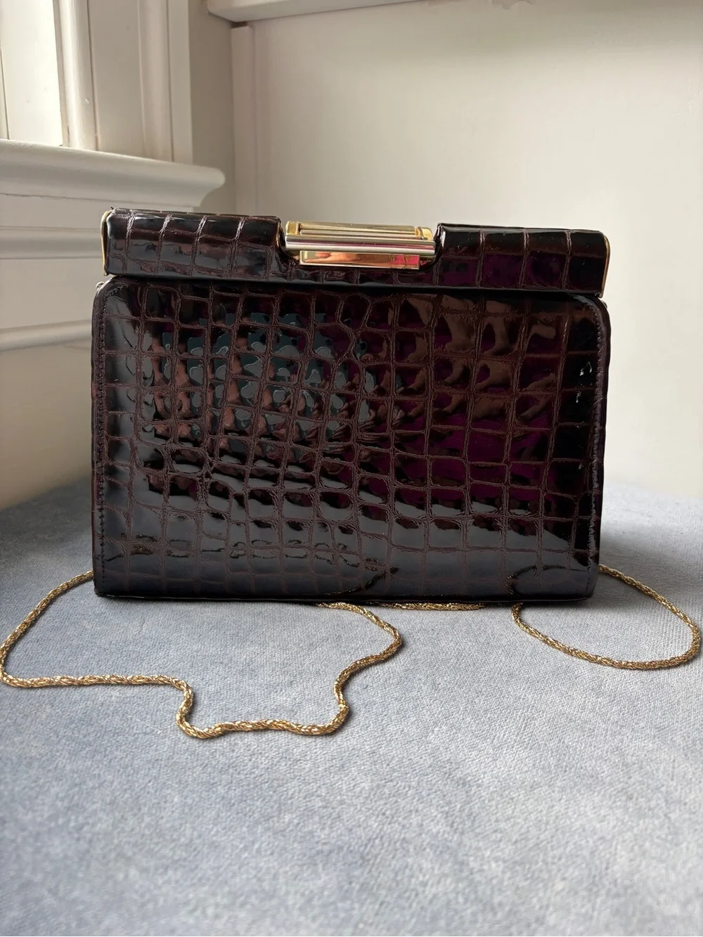 Y & S Patent Leather Croc-Embossed Chain Shoulder Bag in Deep Bordeaux